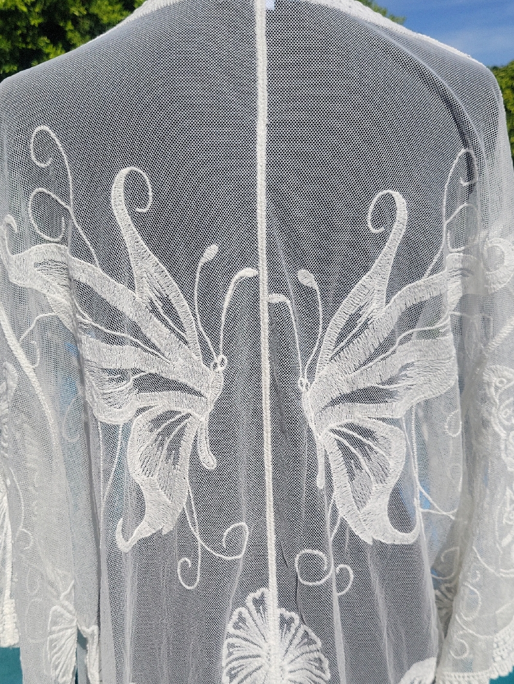 Boho White Butterfly Embroidered With Lace Trim Kimono Swim Cover Up - Picture 9 of 15